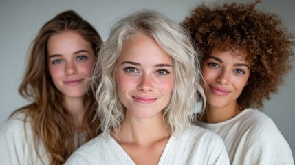 Fototapeta premium A captivating portrait of three cheerful women with different hairstyles and skin tones, showcasing beauty, friendship, and diversity in a bright, soft-lit environment.