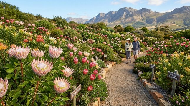 Couple walking on path through vibrant Protea flower garden with mountains.