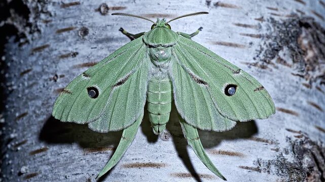 Close Up Macro View of a Green Luna Moth Resting on Textured Tree Bark