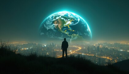 Obraz premium Man silhouetted on hill watches glowing Earth above sprawling city skyline at night. Vast planet hovers over urban landscape with bright lights, representing global connection, future possibilities.
