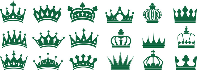 Green royal crown icon collection with elegant ornamental monarchy symbols. Minimal vintage tiara illustrations for luxury branding and heraldic themes. Decorative king and queen emblem set for graphi © Vivid Pixel Studio.