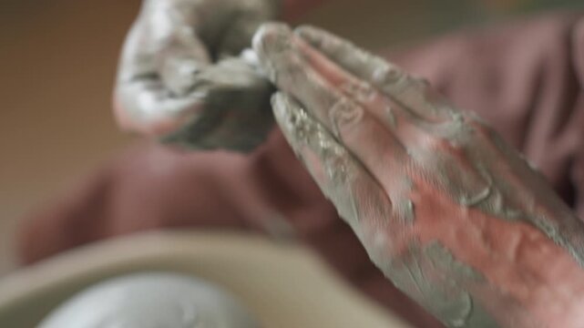 Clay hands shaping. Closeup of fingers on moist clay surface. Watery clay hands as potter gently shapes vessel. Detailed shot of hands covered in damp clay preparing to shape pottery on wheel