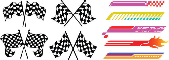 Racing checkered flag collection with colorful speed stripe elements. Modern motorsport banner graphics and finish line symbols. Dynamic competition design set for automotive themes © Vivid Pixel Studio.