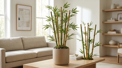 Fototapeta premium Artificial bamboo stalks arranged in modern living room decor 