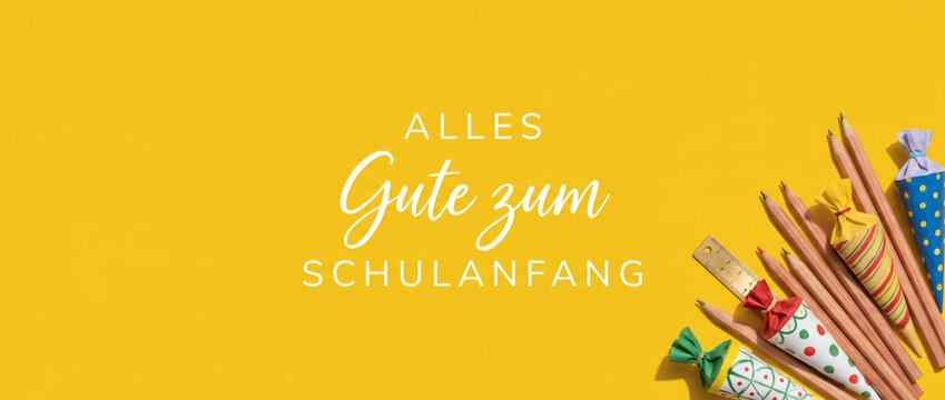 Schulanfang banner with school cones and pencils lying on flat lay bright yellow background for card design celebrating enrollment day first day of school education joy success template blank space.