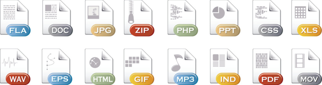 Colorful file format icons collection with glossy document symbols. Modern extension badges for digital storage and software concepts. Creative download and data type illustration set