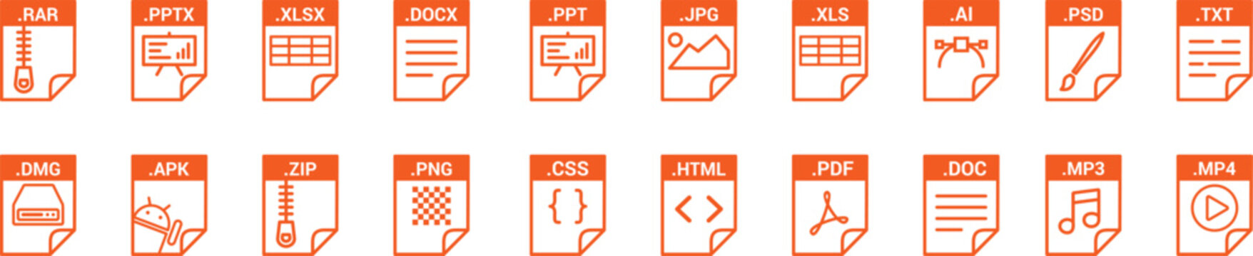 Colorful file format icons collection with glossy document symbols. Modern extension badges for digital storage and software concepts. Creative download and data type illustration set