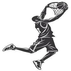Dynamic basketball slam dunk in mid-air black and white illustration style © Aminul Ai 