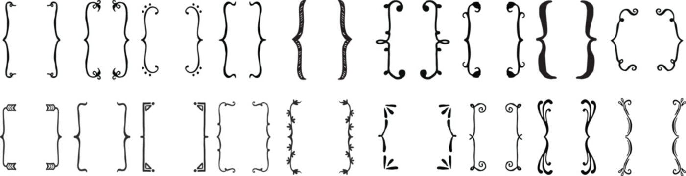 Vintage ornamental bracket frame collection with decorative border elements. Minimal antique divider shapes for classic typography layouts. Elegant engraved outline set for graphic design
