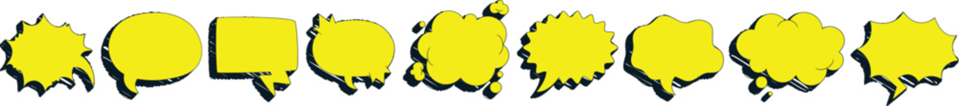 Yellow comic speech bubble collection with hand drawn pop art shapes. Minimal dialogue cloud icons for chat and messaging concepts. Creative cartoon frame set for graphic design