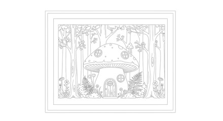 Obraz premium Whimsical Mushroom House Coloring Page for Kids in Enchanted Forest