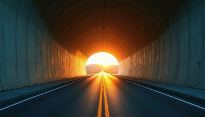 Fototapeta premium Roadway perspective from inside tunnel towards bright sunset light. Empty asphalt path with yellow lines leads to horizon. Warm illumination on structure walls.