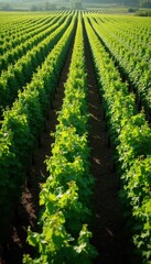 Fototapeta premium Vast green vineyard rows stretch toward horizon under bright sunlight. Rich foliage covers young grape plants cultivated on fertile soil for wine production. Agricultural landscape unfolds with neat