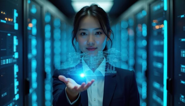 Woman holds holographic data interface in server room. Digital information tech displays lights blink, creating futuristic databank ambiance. Interacts with global network structure projection, shows
