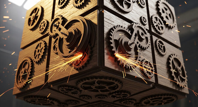 Steampunk mechanical wooden cube with rotating interlocking metal gears and sparks steampunk mechanical technology industry clockwork industrial