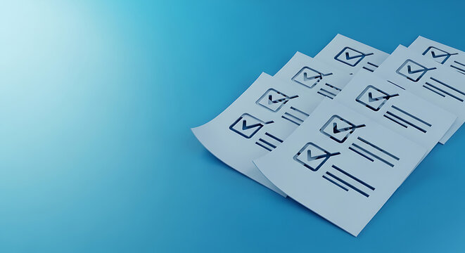 White paper forms with completed checkmarks arranged on blue surface checkmarks checklist documentation approval business verification selection agreement questionnaire assessment procedure