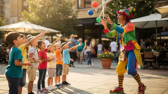 Joyful Juggler Entertains Captivated Children Outdoors