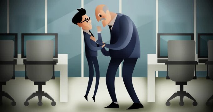 angry boss scolding and shaking employee in office