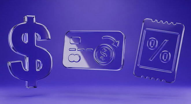 Digital financial icons of dollar sign credit card and discount coupon on blue background with discount shopping investment business transaction currency commerce marketing technology