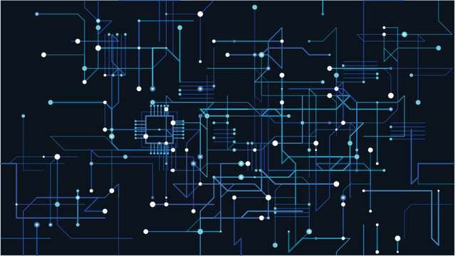 Abstract technology background with circuit board lines and glowing dots, digital data connection concept, blue theme