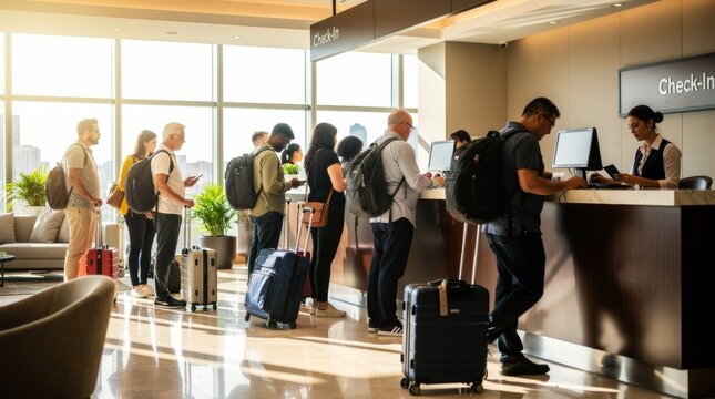 Travelers queuing at airport check-in desk with luggage