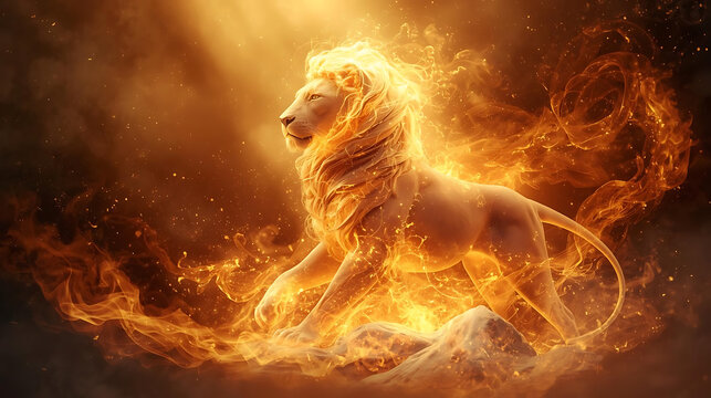 Mythical Leo lion crafted from starlight and flames, celestial fire energy flowing across the scene, luxurious golden atmosphere, balanced modern layout