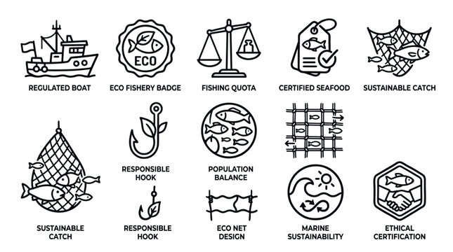 Responsible Fisheries and Sustainable Seafood Industry Icons
