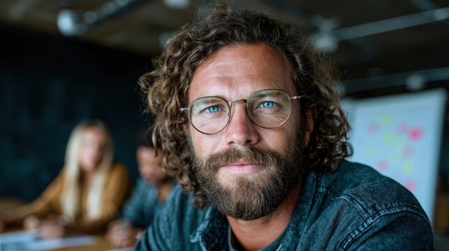 This intimate close-up portrait features a thoughtful bearded man with curly hair, glasses, and a contemplative expression that invites curiosity and connection with the viewer.
