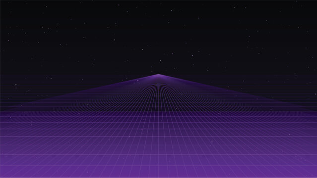 Abstract purple digital landscape with a glowing grid floor and starry night sky background, retro synthwave style