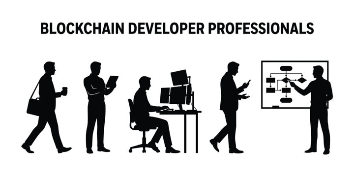 Blockchain developer professionals silhouette set, software engineer team working on computers, IT specialist characters for web development