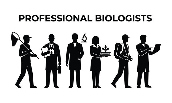 Professional biologists silhouette set, scientific researchers and ecologists icons, black and white laboratory and field work vector collection