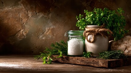 Obraz premium An artistic arrangement of fresh herbs and sea salt in rustic containers on a wooden table, embodying the essence of culinary creativity and natural beauty.