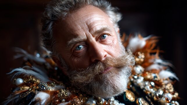 A distinguished man in a richly adorned costume presents an awe-inspiring portrait full of character, blending nobility with artistic grandeur.