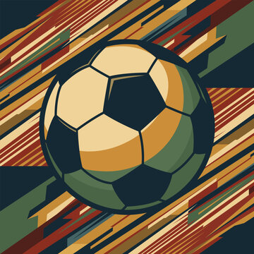 Abstract shooting soccer ball with colorful diagonal striped background retro style