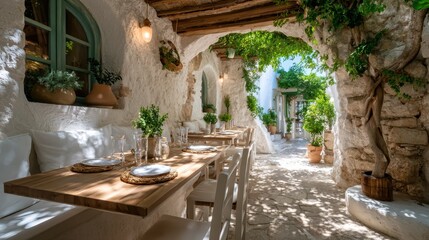 Fototapeta premium A picturesque outdoor dining area adorned with lush greenery, creating a serene ambiance perfect for leisurely meals and gatherings with family and friends in nature.