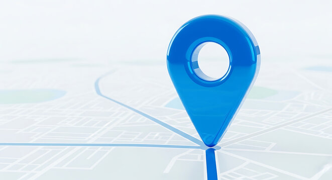 Blue 3D map pointer pin located on a stylized navigation map showing a route path with location navigation destination direction position tracking traveling geolocation wayfinding abstract