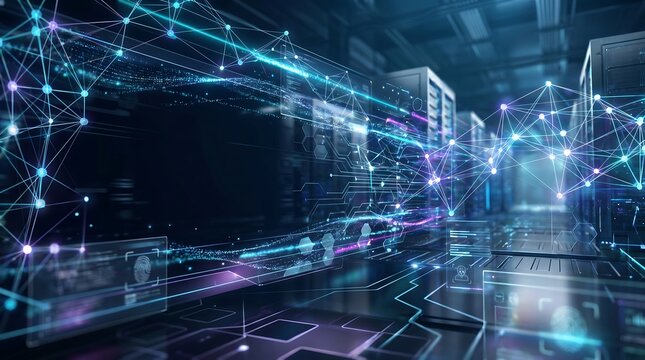 Data center server network visualization with technology connection information computing internet communication infrastructure database security transfer innovation mainframe processing