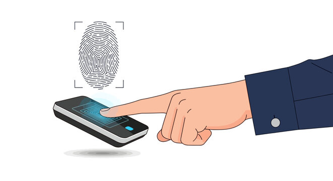 Hand using smartphone fingerprint scanner for secure authentication