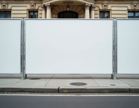 Blank white construction hoarding mockup on city sidewalk. Empty outdoor advertising fence for commercial message. Urban street scene with copy space.