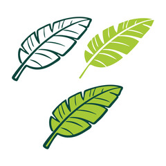 Logo paraíso tropical. Dibujo minimalista de varias versiones con líneas y relleno de color verde de una hoja de plátano © teracreonte