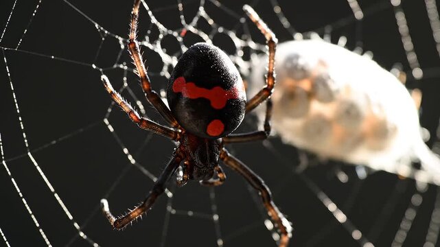 Redback Spider on Web with Egg Sac Macro View