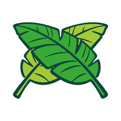 Logo paraíso tropical. Dibujo minimalista con líneas y relleno de color verde de dos hojas de plátano superpuestas, formando una cruz © teracreonte