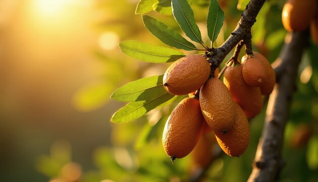 Closeup view of argan fruits on tree branch bathed in golden hour sunlight. Orange oval nuts grow on woody stem with green leaves. Natural warm light illuminates ripening argan fruit.
