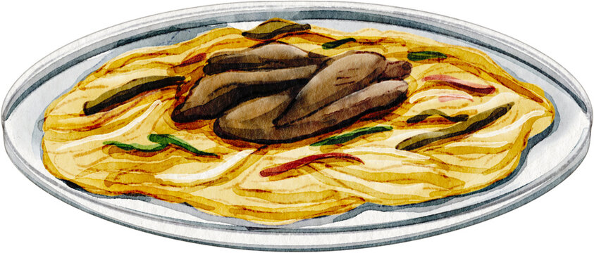 Watercolor illustration of japchae noodles on a plate