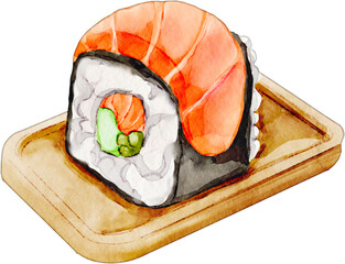 Watercolor illustration of salmon sushi and maki on tray © Je