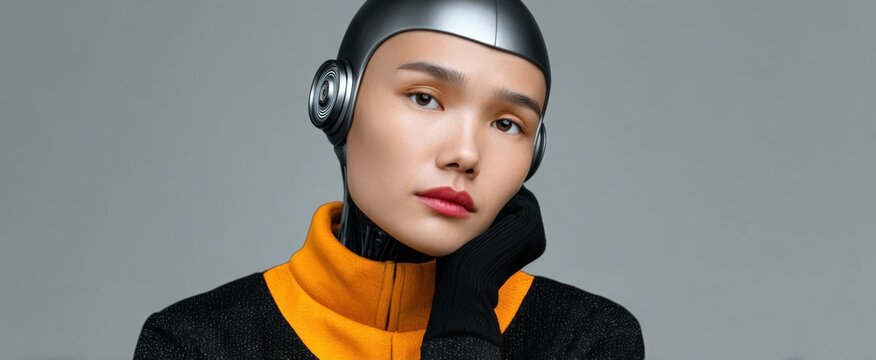 Thoughtful android robot on sleek gray backdrop for cutting-edge artificial intelligence and sci-fi concepts