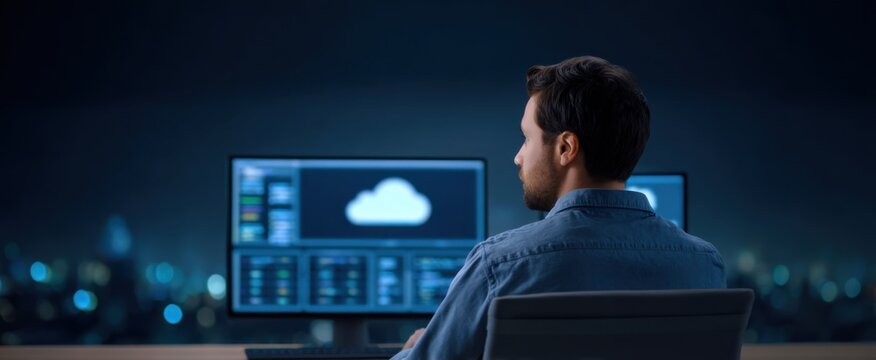 Programmer coding on desktop with dynamic cloud infrastructure dashboard and efficient code editor screens