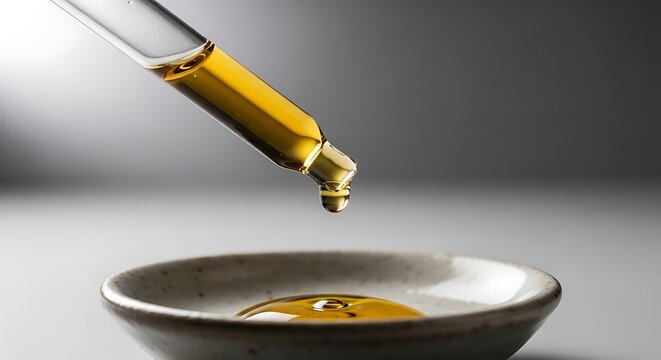 A close-up shot of an amber-colored drop of cistus essential oil falling from a clear glass pipette into a small ceramic dish on a grey studio background.