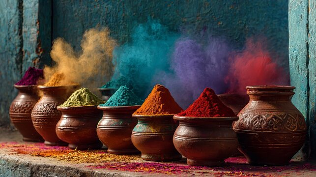 A vibrant display of colorful powders in traditional clay pots on a rustic surface