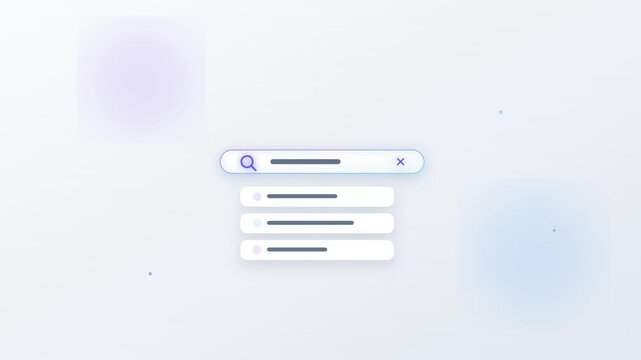 Search bar engine optimization animation loop, minimalist web browser input field typing interface, purple search icon autocomplete suggestions layout template